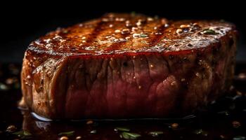 Grilled fillet steak on rustic wood plate, juicy and tender generated by AI photo