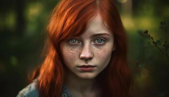 Beautiful young redhead woman smiling in nature solitude and beauty generated by AI photo