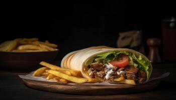 Grilled beef burger with fries, onion, and tomato on plate generated by AI photo