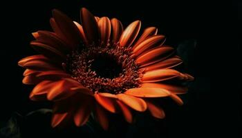 Vibrant yellow gerbera daisy on black background, beauty in nature generated by AI photo