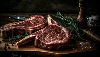 Freshly grilled marbled beef fillet on rustic wooden table generated by AI photo