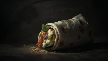 Freshly grilled meat wrapped in a warm tortilla with vegetables generated by AI photo