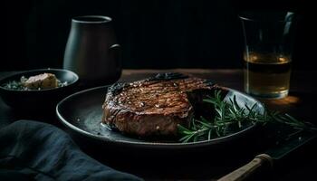Grilled beef fillet on rustic wood table, ready to eat main course generated by AI photo