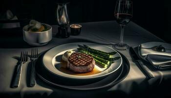Grilled asparagus and beef fillet on a gourmet plate generated by AI photo