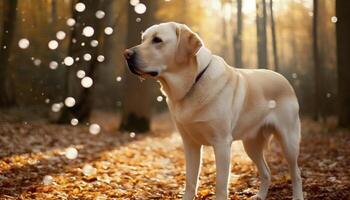 Golden retriever puppy playing in autumn forest, cheerful and obedient generated by AI photo