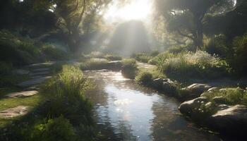 tranquilo escena de un bosque prado con fluido agua y reflexión generado por ai foto