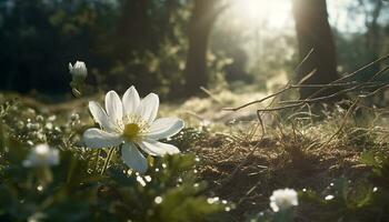 Fresh yellow daisy blossom in tranquil forest meadow under sunlight generated by AI photo