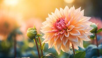 Vibrant dahlia blossom, close up of multi colored petals in nature generated by AI photo