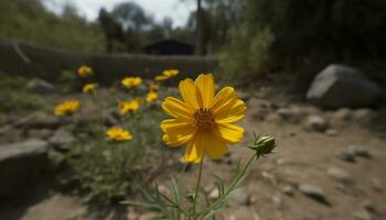 Yellow daisy petal in close up, surrounded by green meadow grass generated by AI photo