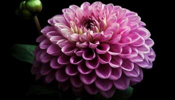 Vibrant dahlia blossom, pink and purple petals, black background, macro generated by AI photo