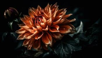 vibrante pétalos de un multi de colores dalia en un negro florero generado por ai foto