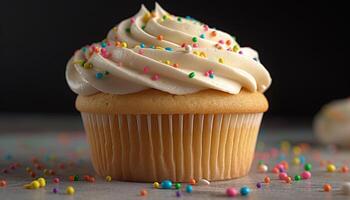 Multi colored cupcake with vibrant icing, perfect for birthday celebration generated by AI photo