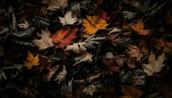 Vibrant autumn maple leaves create textured backdrop in forest close up generated by AI photo