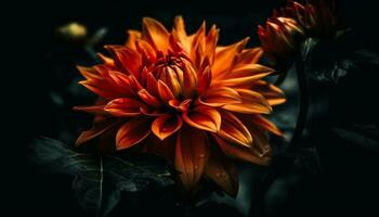 Vibrant dahlia blossom, yellow petal, black background, wet with drop generated by AI photo
