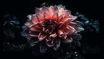 Fresh pink dahlia blossom, wet with dew, on black background generated by AI photo