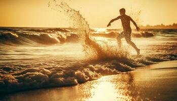 man running in Tranquil sunset over idyllic tropical coastline generated by AI photo