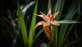 Vibrant frangipani blossom in tropical rainforest, a colorful elegance generated by AI photo