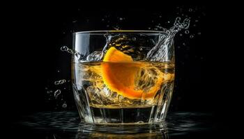 Refreshing cocktail with citrus fruit, ice, and whiskey splashing generated by AI photo