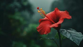 Vibrant hibiscus blossom, wet with dew, in formal garden generated by AI photo