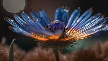 Fresh dew drops on delicate pink daisy in natural meadow generated by AI photo