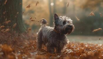 Cute terrier puppy playing outdoors in nature with furry friend generated by AI photo