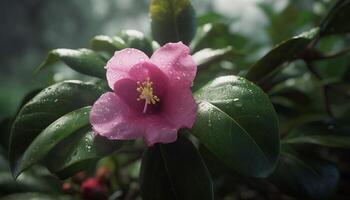 Fresh pink hibiscus blossom, wet with dew, in formal garden generated by AI photo