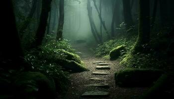 Tranquil forest footpath vanishing into mysterious foggy wilderness landscape generated by AI photo