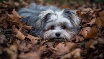 linda pequeño terrier sentado en otoño césped, mirando a cámara generado por ai foto