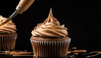 Decadent homemade chocolate chip muffin with whipped cream indulgence generated by AI photo