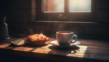 A rustic coffee table with a latte and croissant still life generated by AI photo