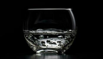 transparente Bebiendo vaso refleja negro fondo, mojado con Fresco agua generado por ai foto