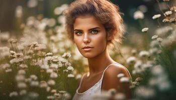 uno hermosa mujer, joven y despreocupado, sonriente en naturaleza generado por ai foto