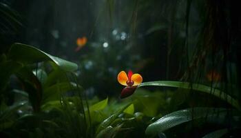 vibrante tropical selva decoración con púrpura orquídea y azul arrecife generado por ai foto