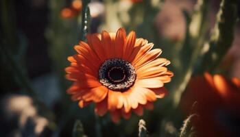 vibrante amarillo margarita florecer en cerca arriba, rodeado por verde follaje generado por ai foto