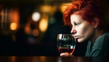 joven adulto pelirrojo mujer disfrutando rojo vino a bar adentro generado por ai foto