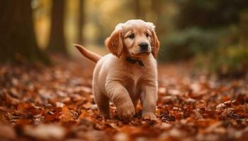 linda perrito sentado en otoño césped, mirando a cámara generado por ai foto