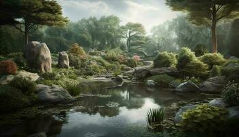 Tranquil scene of a mountain landscape with green trees and water generated by AI photo