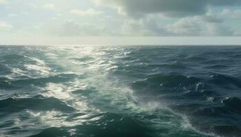 tranquilo marina, azul horizonte terminado mojado arena, rotura ola modelo generado por ai foto