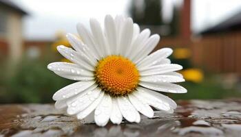 Fresh chamomile flower head in wet meadow, beauty in nature generated by AI photo