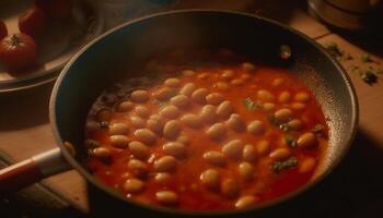 Fresh vegetable soup cooked in a homemade kitchen stew pot generated by AI photo