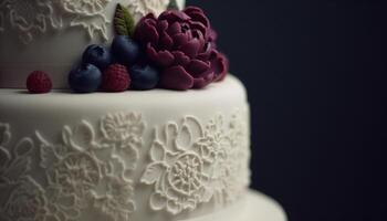 Luxury wedding cake with whipped cream, chocolate, and raspberry decoration generated by AI photo