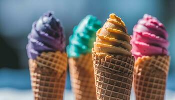 Indulgent gourmet ice cream cones offer sweet summer refreshment generated by AI photo