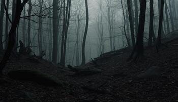 Spooky forest silhouette, mystery and horror in tranquil scene generated by AI photo