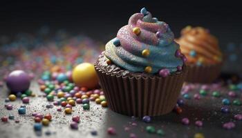 Multi colored cupcakes with chocolate icing, perfect for a celebration generated by AI photo