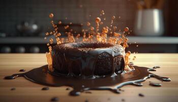 Homemade chocolate cake slice with creamy icing on wooden plate generated by AI photo