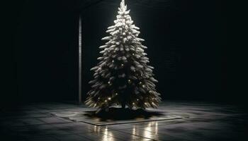 Shiny Christmas tree decoration illuminates dark winter night indoors generated by AI photo