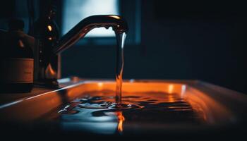 Flowing water pouring from faucet, splashing in clean sink generated by AI photo