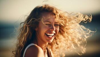 One carefree young woman enjoys the beauty of nature outdoors generated by AI photo