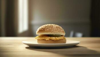 Grilled cheeseburger on wooden table with French fries and refreshment generated by AI photo