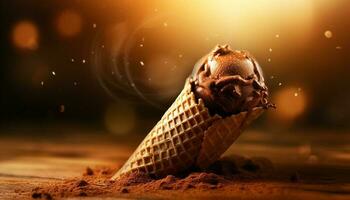 Sweet summer indulgence Gourmet ice cream cone with chocolate and candy generated by AI photo